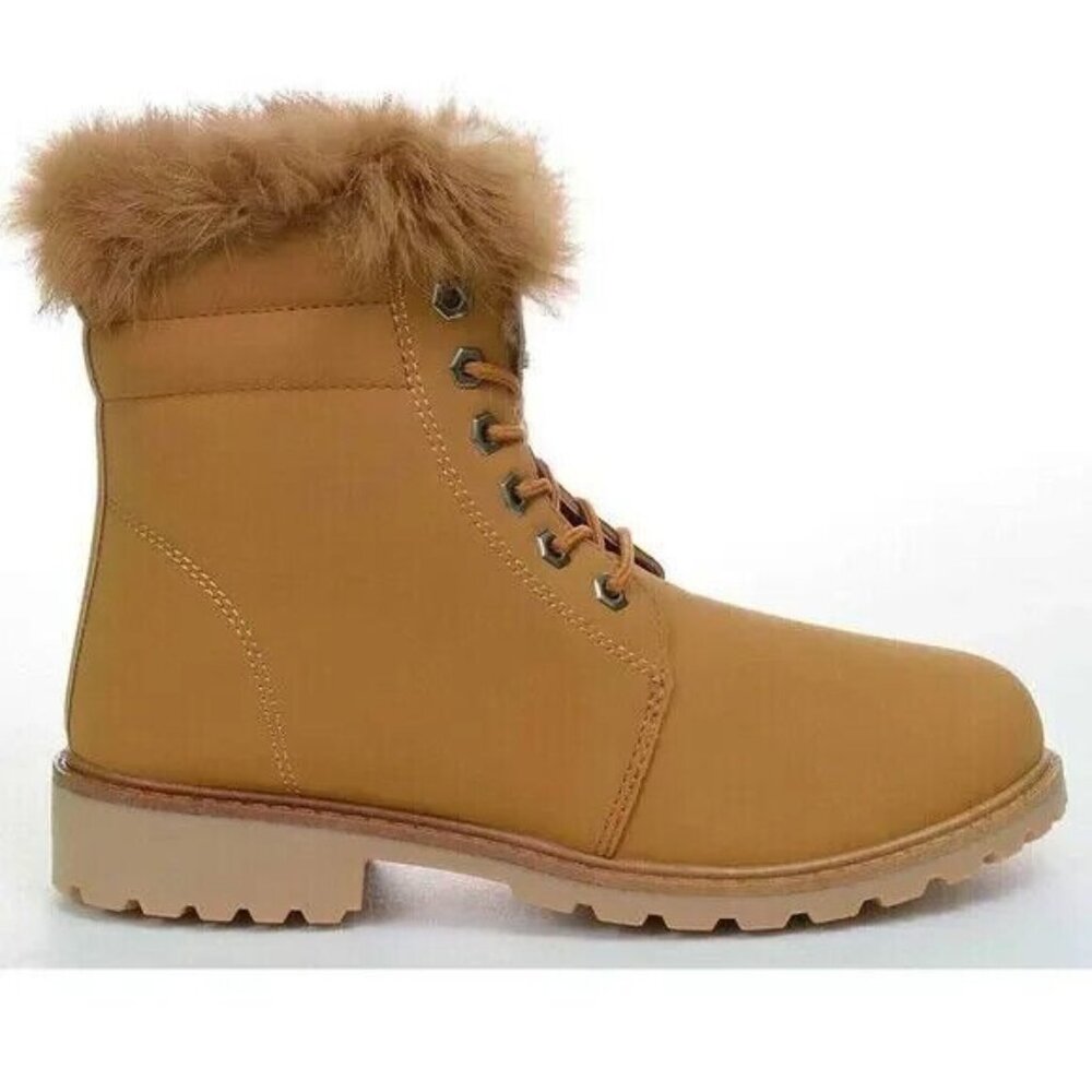 Fur & Shearling Trim Lug Boots Vegan Suede Booties Combat Warm Outdoor Women's